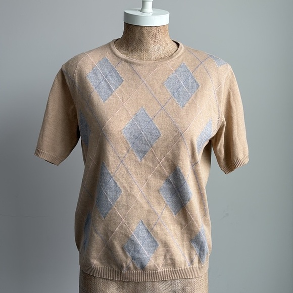 Vintage TALBOTS Short Sleeve Argyle Sweater Medium - Picture 1 of 4